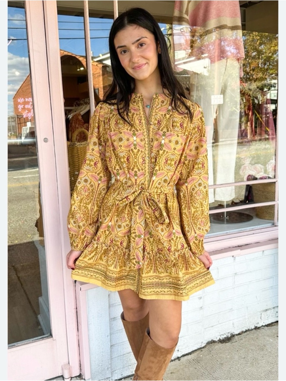 TALULAH Yellow Paisley Tie-Waist Mini Dress with Pink Accents